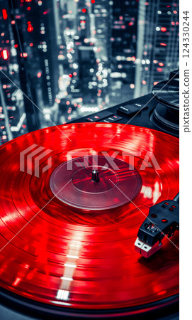 Red vinyl record spins on turntable with vibrant red lighting, retro background. Generative AI 124330244