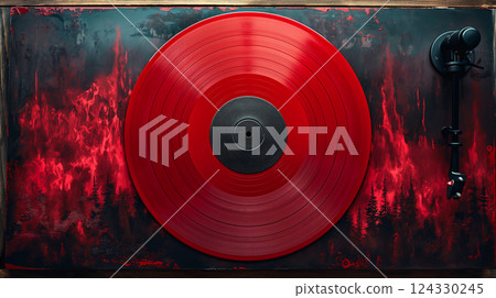 Red vinyl record spins on turntable with vibrant red lighting, retro background. Generative AI Red vinyl record spins on turntable with vibrant red lighting, retro background. Generative AI 124330245