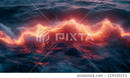 Majestic Ocean Waves Crashing Under Dramatic Sunset Sky Illuminated by Vibrant Colors. Generative AI 124330253