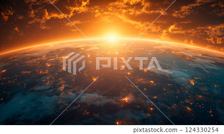 A breathtaking view of Earth illuminated by sunrise from space. Generative AI 124330254