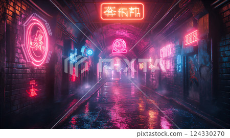 Neon Lights Illuminate Brick Tunnel. Generative AI 124330270