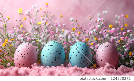 Pastel eggs with delicate spring blossoms in charming seasonal background. Generative AI 124330271