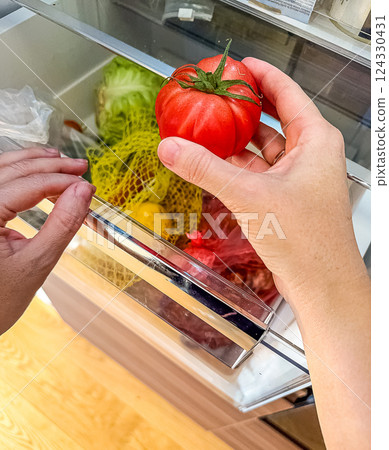 A woman puts tomato in the refrigerator. Fresh Vegetables lying on the shelf in the fridge. High quality photo A woman puts tomato in the refrigerator. Fresh Vegetables lying on the shelf in the fridge. High quality photo 124330431