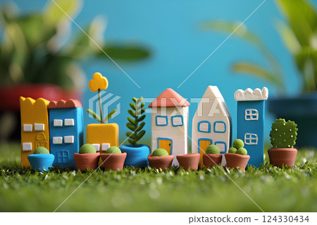 Cute clay house and mansion on the grass (3D) 124330434