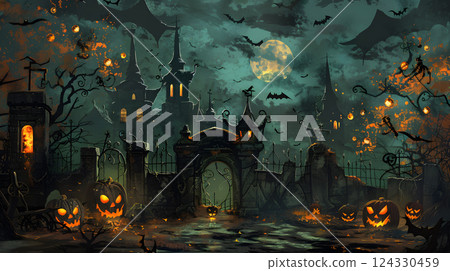 Beautiful festive background for Halloween with pumpkins. AI Generated 124330459