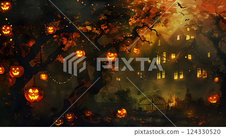 Beautiful festive background for Halloween with pumpkins. AI Generated 124330520
