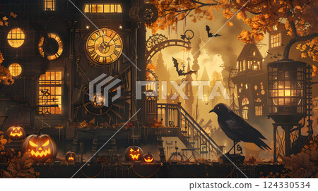 Beautiful festive background for Halloween with pumpkins. AI Generated Beautiful festive background for Halloween with pumpkins. AI Generated 124330534