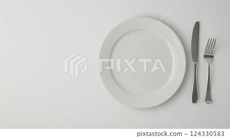 Cutlery, fork, knife, spoon and empty plate on a colored background. AI Generated 124330583