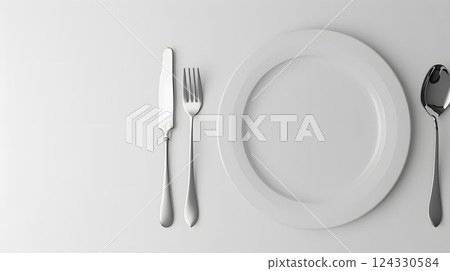 Cutlery, fork, knife, spoon and empty plate on a colored background. AI Generated 124330584