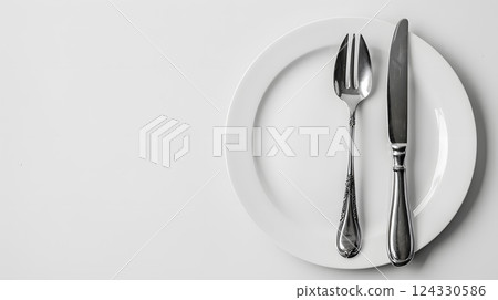 Cutlery, fork, knife, spoon and empty plate on a colored background. AI Generated 124330586
