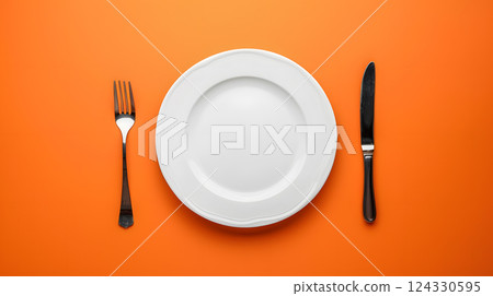 Cutlery, fork, knife, spoon and empty plate on a colored background. AI Generated Cutlery, fork, knife, spoon and empty plate on a colored background. AI Generated 124330595