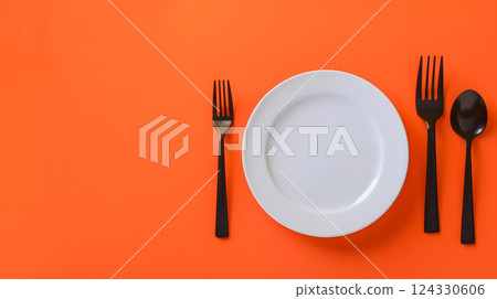 Cutlery, fork, knife, spoon and empty plate on a colored background. AI Generated 124330606
