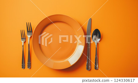 Cutlery, fork, knife, spoon and empty plate on a colored background. AI Generated Cutlery, fork, knife, spoon and empty plate on a colored background. AI Generated 124330617