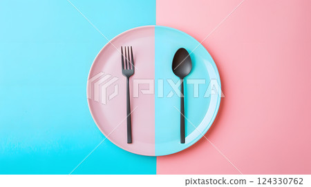 Cutlery, fork, knife, spoon and empty plate on a colored background. AI Generated 124330762