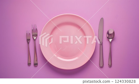 Cutlery, fork, knife, spoon and empty plate on a colored background. AI Generated 124330828