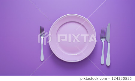 Cutlery, fork, knife, spoon and empty plate on a colored background. AI Generated Cutlery, fork, knife, spoon and empty plate on a colored background. AI Generated 124330835