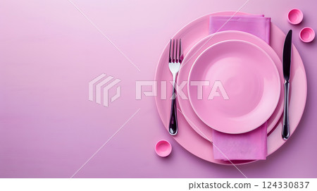 Cutlery, fork, knife, spoon and empty plate on a colored background. AI Generated 124330837