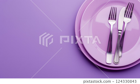 Cutlery, fork, knife, spoon and empty plate on a colored background. AI Generated 124330843