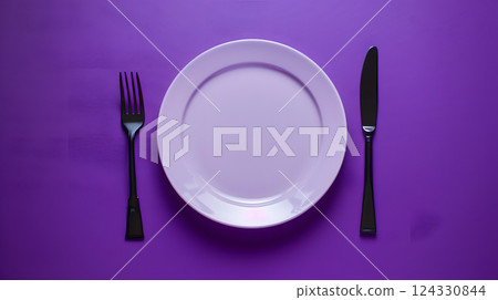Cutlery, fork, knife, spoon and empty plate on a colored background. AI Generated 124330844