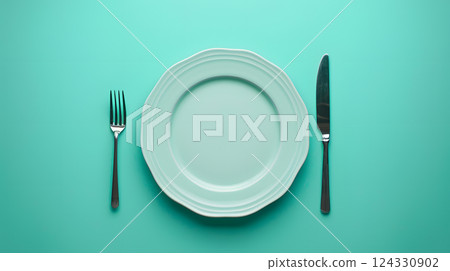 Cutlery, fork, knife, spoon and empty plate on a colored background. AI Generated Cutlery, fork, knife, spoon and empty plate on a colored background. AI Generated 124330902