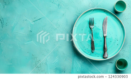 Cutlery, fork, knife, spoon and empty plate on a colored background. AI Generated 124330903
