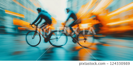 Cycling in the city. Motion blurred people riding bicycles in the city. Urban cycling 124330989