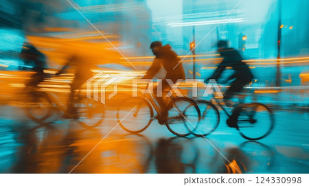 Cycling in the city. Motion blurred people riding bicycles in the city. Urban cycling 124330998