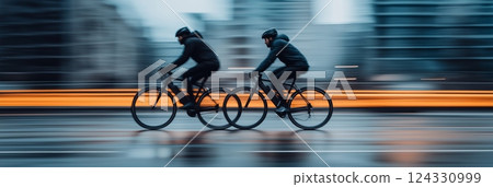 Cycling in the city. Motion blurred people riding bicycles in the city. Urban cycling 124330999