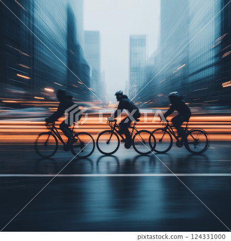 Cycling in the city. Motion blurred people riding bicycles in the city. Urban cycling 124331000