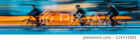 Cycling in the city. Motion blurred people riding bicycles in the city. Urban cycling 124331001
