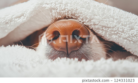 Dog sleeping under a white blanket, showing only its nose Dog sleeping under a white blanket, showing only its nose 124331023