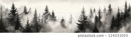 Fog is rolling through a misty forest of tall pine trees, creating a mysterious and atmospheric scene 124331033