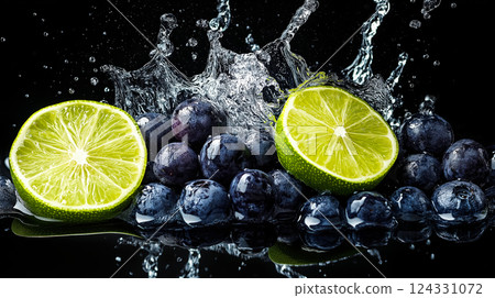Sliced limes and blueberries making a splash in water against a dark background, creating a refreshing image 124331072