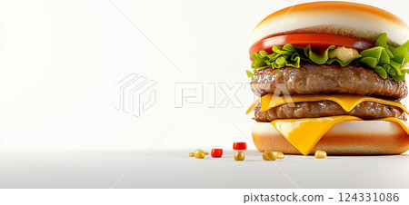 Classic cheeseburger with melted cheese, beef patty, fresh tomato, lettuce and sesame seed bun isolated on a white background Classic cheeseburger with melted cheese, beef patty, fresh tomato, lettuce and sesame seed bun isolated on a white background 124331086