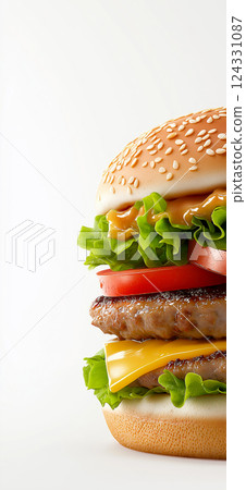 Classic cheeseburger with melted cheese, beef patty, fresh tomato, lettuce and sesame seed bun isolated on a white background Classic cheeseburger with melted cheese, beef patty, fresh tomato, lettuce and sesame seed bun isolated on a white background 124331087