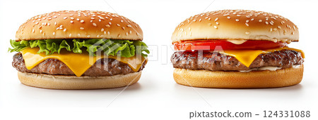 Classic cheeseburger with melted cheese, beef patty, fresh tomato, lettuce and sesame seed bun isolated on a white background Classic cheeseburger with melted cheese, beef patty, fresh tomato, lettuce and sesame seed bun isolated on a white background 124331088