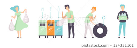 Man and Woman Sorting Garbage and Trash Vector Set 124331101
