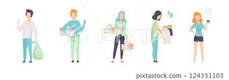 Man and Woman Sorting Garbage and Trash Vector Set 124331103