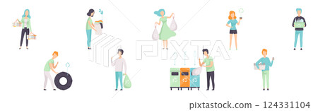 Man and Woman Sorting Garbage and Trash Vector Set Man and Woman Sorting Garbage and Trash Vector Set 124331104