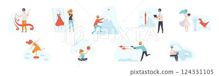 People Character Wearing Virtual Reality Glasses Vector Set 124331105