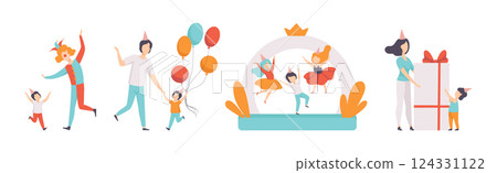 Little Children Celebrate Birthday Party Enjoy Holiday Vector Set 124331122