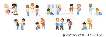Angry Warring Boy Kid Bullying Weak Agemate Vector Set Angry Warring Boy Kid Bullying Weak Agemate Vector Set 124331123