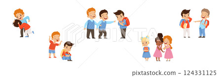 Angry Warring Boy and Girl Kid Bullying Weak Agemate Vector Set Angry Warring Boy and Girl Kid Bullying Weak Agemate Vector Set 124331125