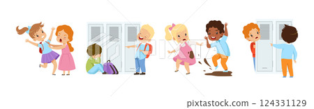 Angry Warring Boy and Girl Kid Bullying Weak Agemate Vector Set 124331129