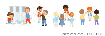 Angry Warring Boy Kid Bullying Weak Agemate Vector Set 124331130