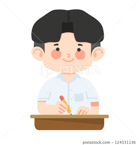 Boy is sitting and writing at the table 124331136