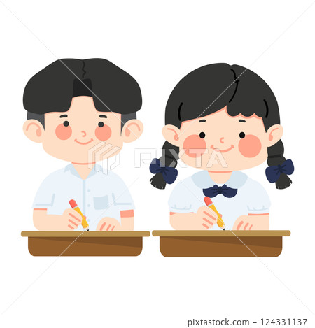 Boy and girl sitting and writing at the table 124331137
