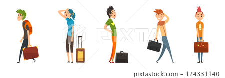 Man and Woman Travel with Heavy Suitcase and Bag Vector Set Man and Woman Travel with Heavy Suitcase and Bag Vector Set 124331140
