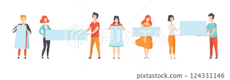 Man and Woman with Banner and Empty Poster Vector Set 124331146