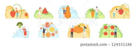 People Characters Harvesting Huge Vegetables and Fruits from Garden Vector Set 124331186